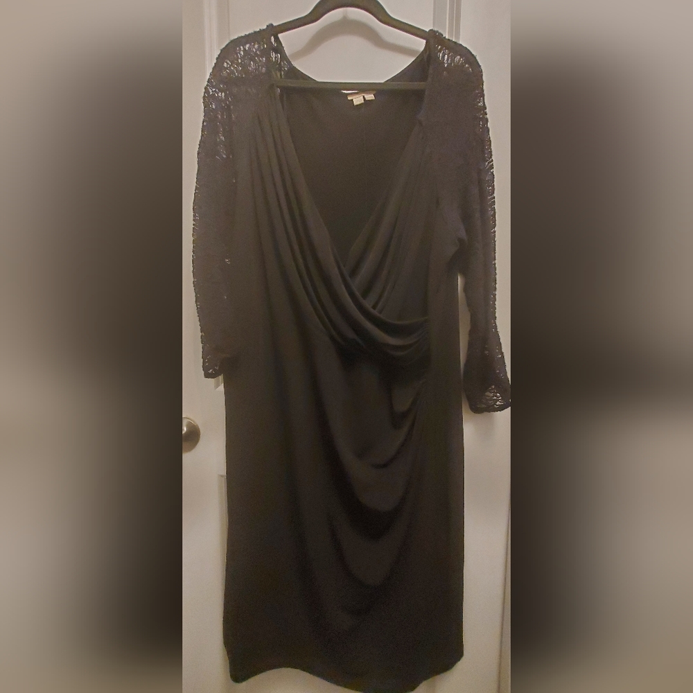 London Times Women Size 22w Lace Sleeve Faux Wrap Black Dress